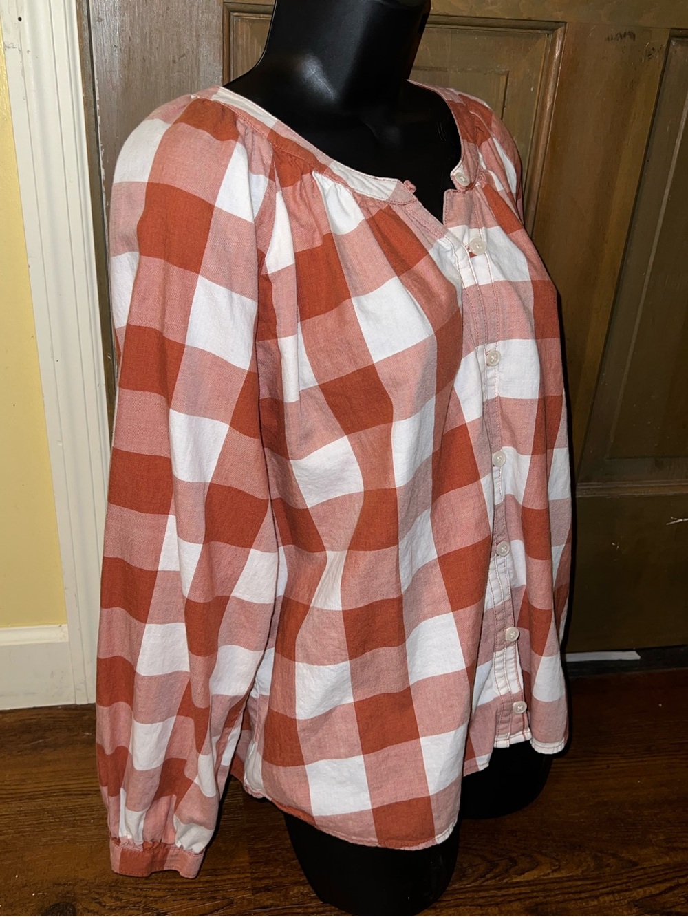 Duluth Peasant Blouse Rust & White Gingham Button Front Long Sleeve Top Size S - Picture 3 of 9